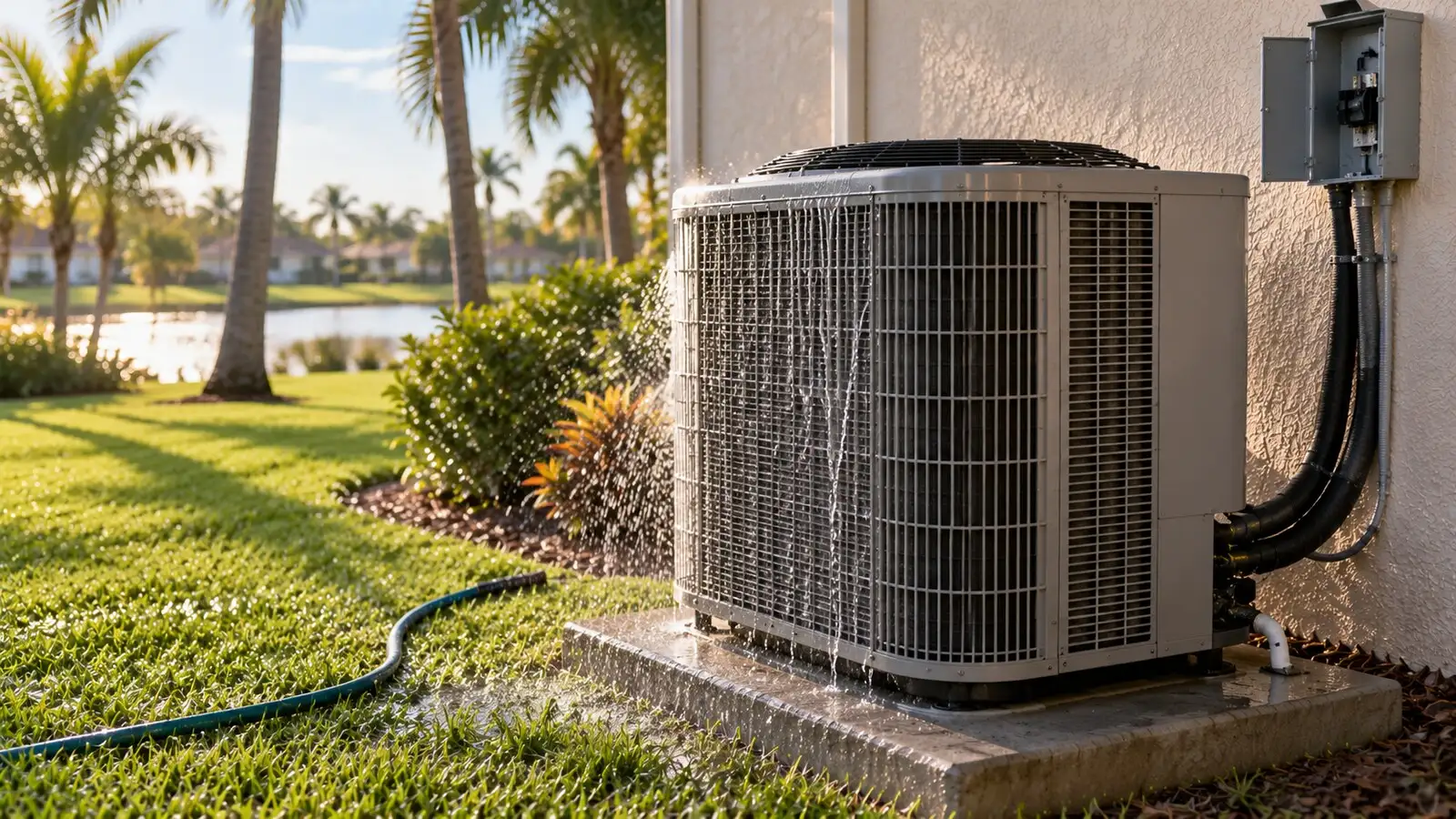 Fresh water rinsing salt and dust out of a condenser fin pack from the inside outward