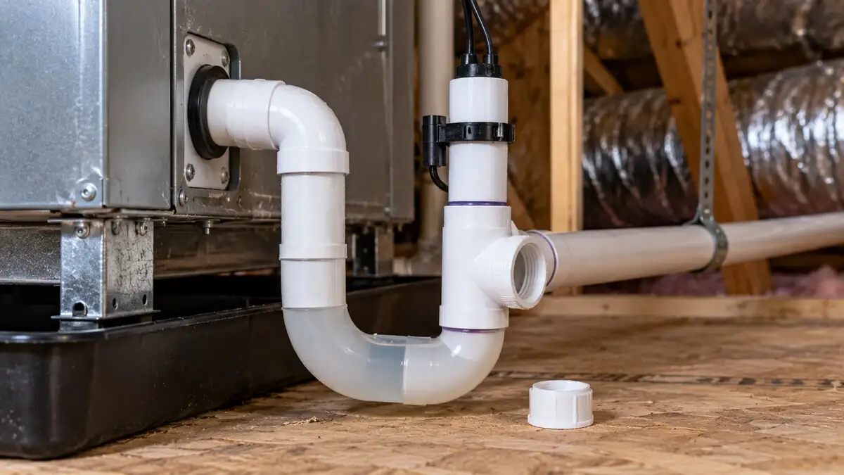 A condensate drain line leaving the air handler through a P-trap, with a float safety switch clipped into the line