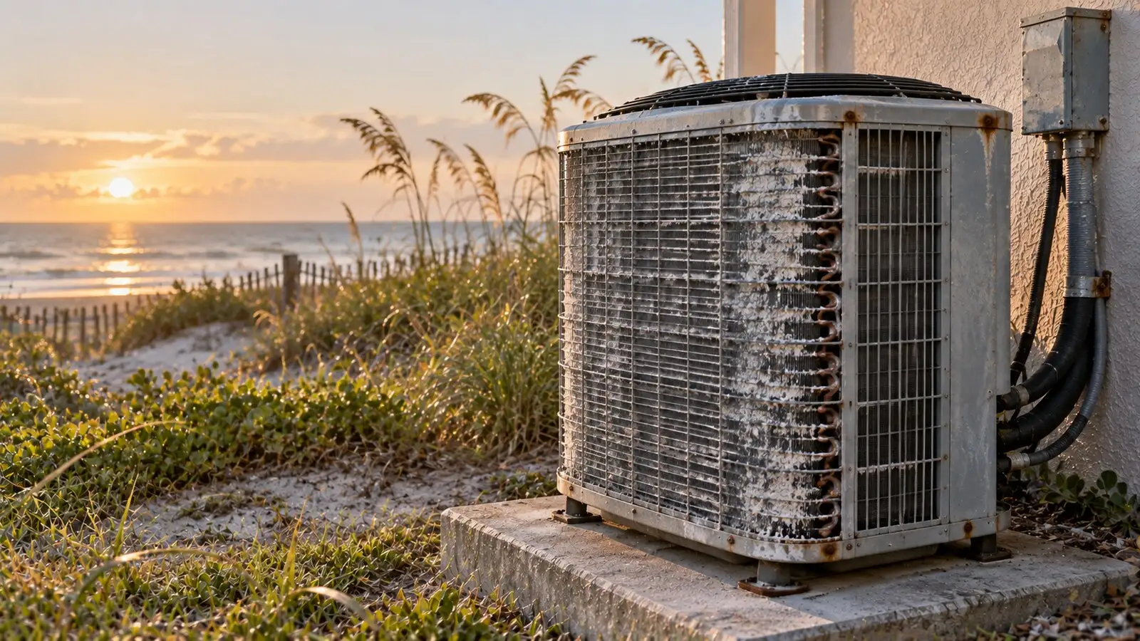 A condenser standing in salt air near the dune line, its fin pack bloomed white with chloride