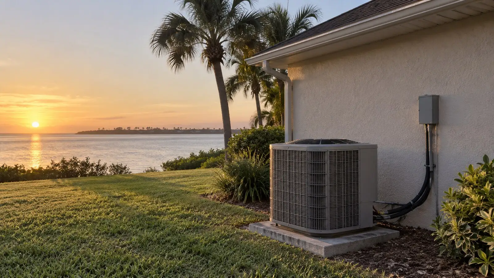 Sunrise over the Indian River Lagoon behind a single-family home and its outdoor air conditioning condenser in South Brevard, Florida